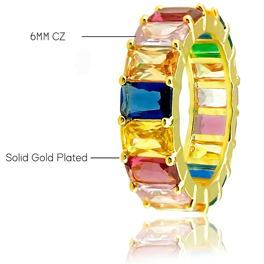 ORENTINI Gold Plated Rainbow Emerald Cut Ring CZ - Picture 3 of 4
